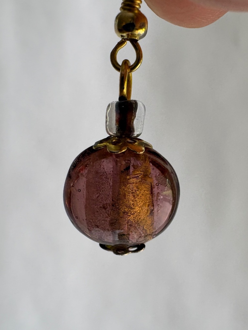 Vintage Murano Glass Gold Foil Earrings Pink Venetian Lampwork Drop Dangles - Picture 4 of 6